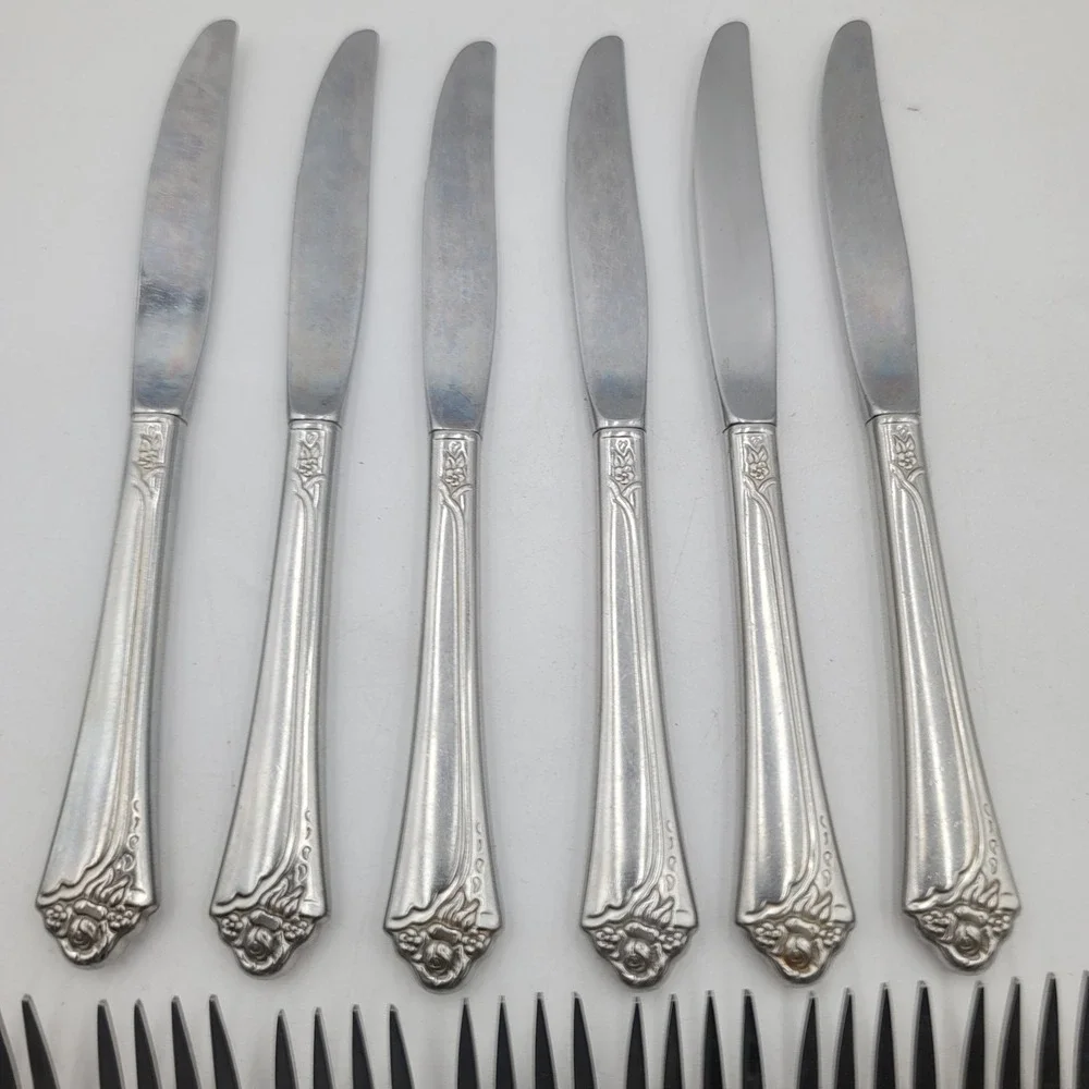 13pc Oneida Community Fantasy Rose Stainless Flatware Set 6 Knives 7 Salad Forks